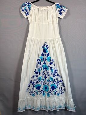 Debbie Katz White Maxi Dress with Blue Floral Embroidery